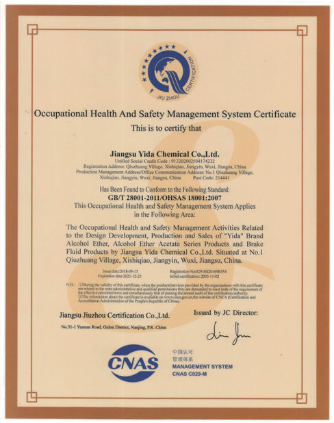China Jiangsu Yida Chemical Co., Ltd. certificaciones
